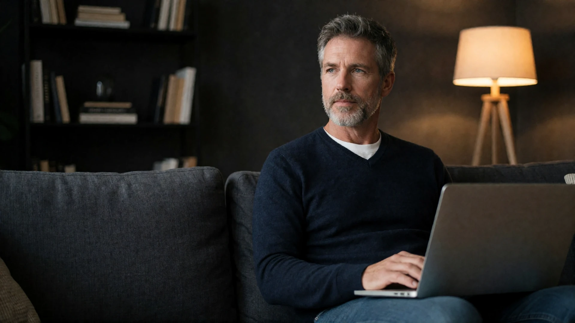 American man in his early fifties using a laptop at home in the evening to browse an Eastern European dating site