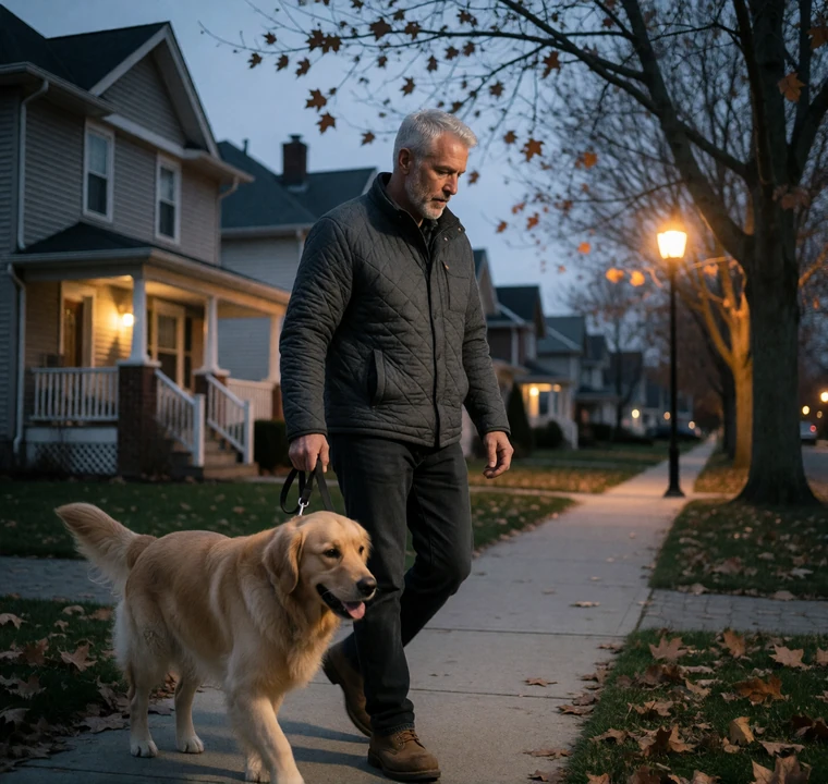 Man in his sixties walking his dog at dusk on a quiet street, reflecting on dating after 45 and starting a second chapter