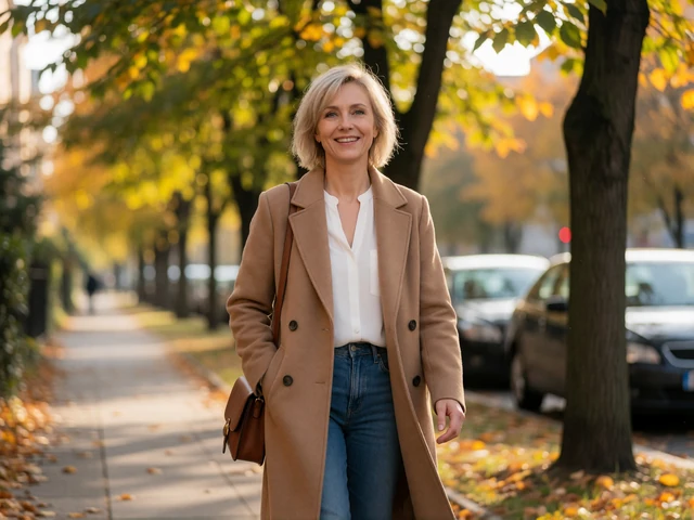 Example EuroTalks profile photo of a 52-year-old woman walking on a tree-lined street in relaxed autumn clothing