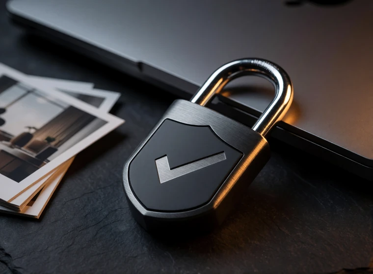 Padlock and verification shield on a dark surface representing profile moderation and private photo controls