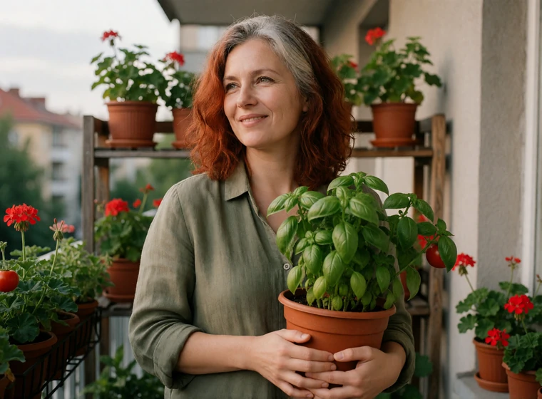 Woman in her early fifties tending plants on her balcony garden, an everyday portrait behind realistic dating expectations