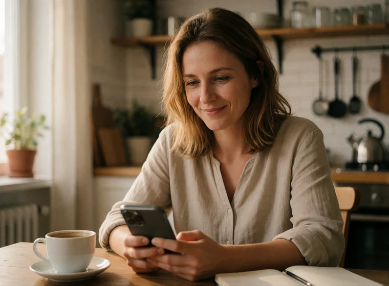 Woman in her mid-forties reading a dating message at her kitchen table with coffee, showing messages get answered