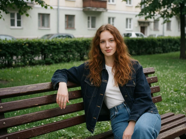 Example EuroTalks profile photo of a 38-year-old woman sitting on a park bench in casual everyday clothes