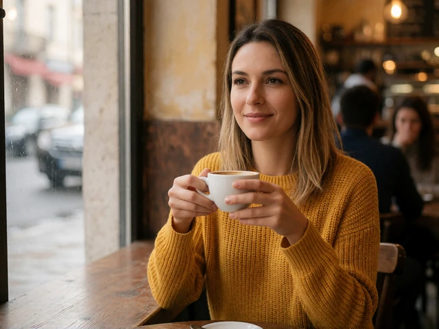 Example EuroTalks profile photo of a 45-year-old woman with coffee at a café window in a natural casual style
