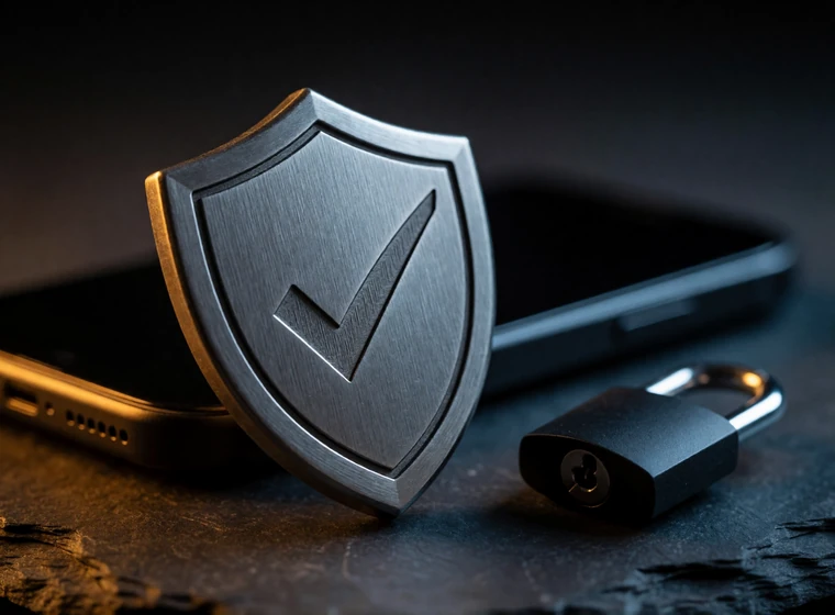 Steel verification badge and padlock on a dark surface, representing profile moderation and account security on a safe dating site for over 50