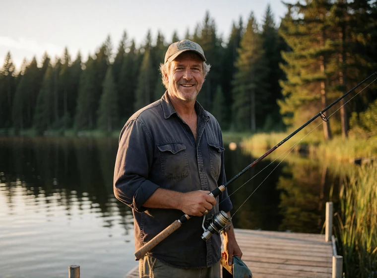 Man in his late fifties fishing from a lake dock at sunset, an example of an honest dating profile photo that starts conversations